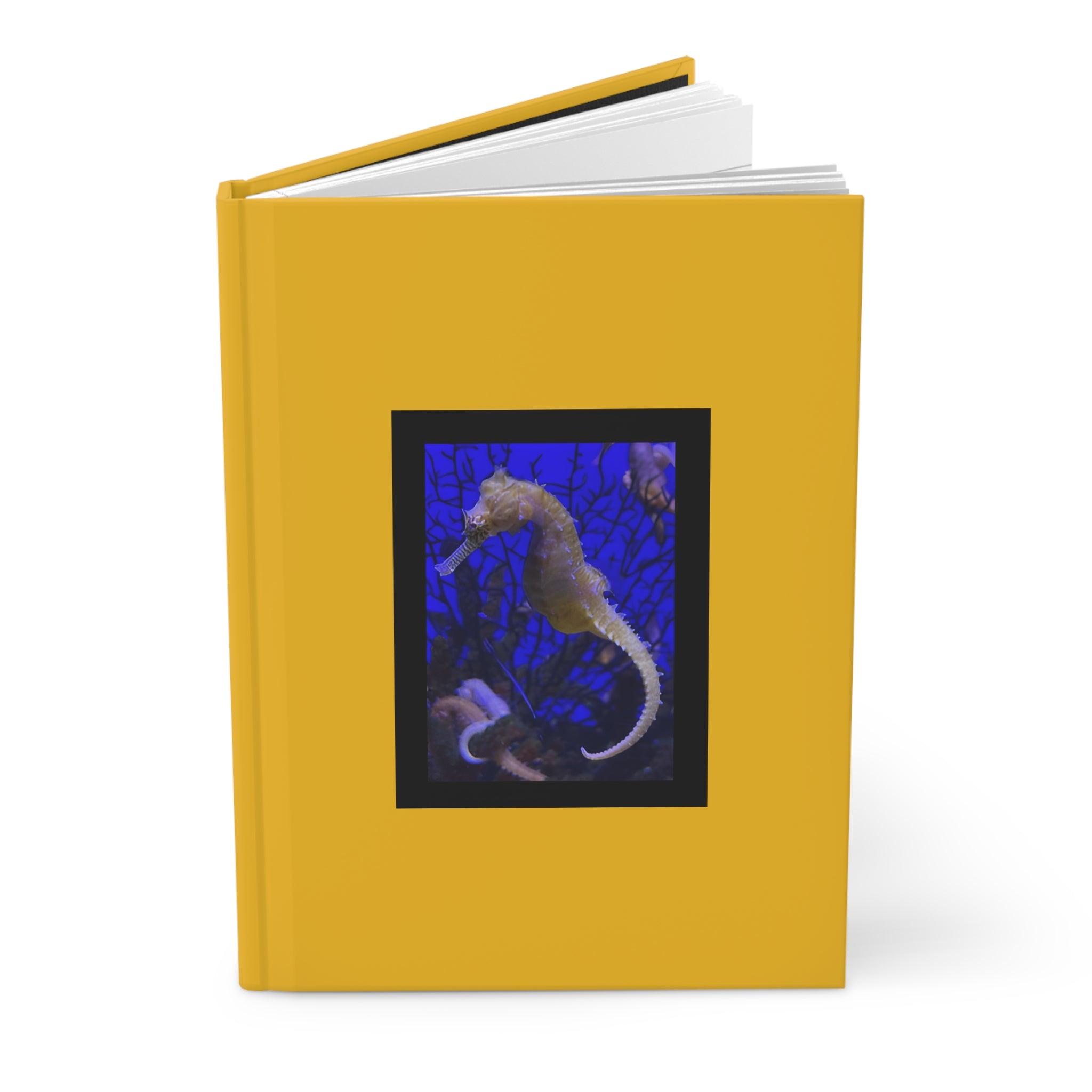 moontiq Notebook '3D Seahorse' Under The Sea featuring an underwater scene depicting a seahorse on the bright yellow front cover.
