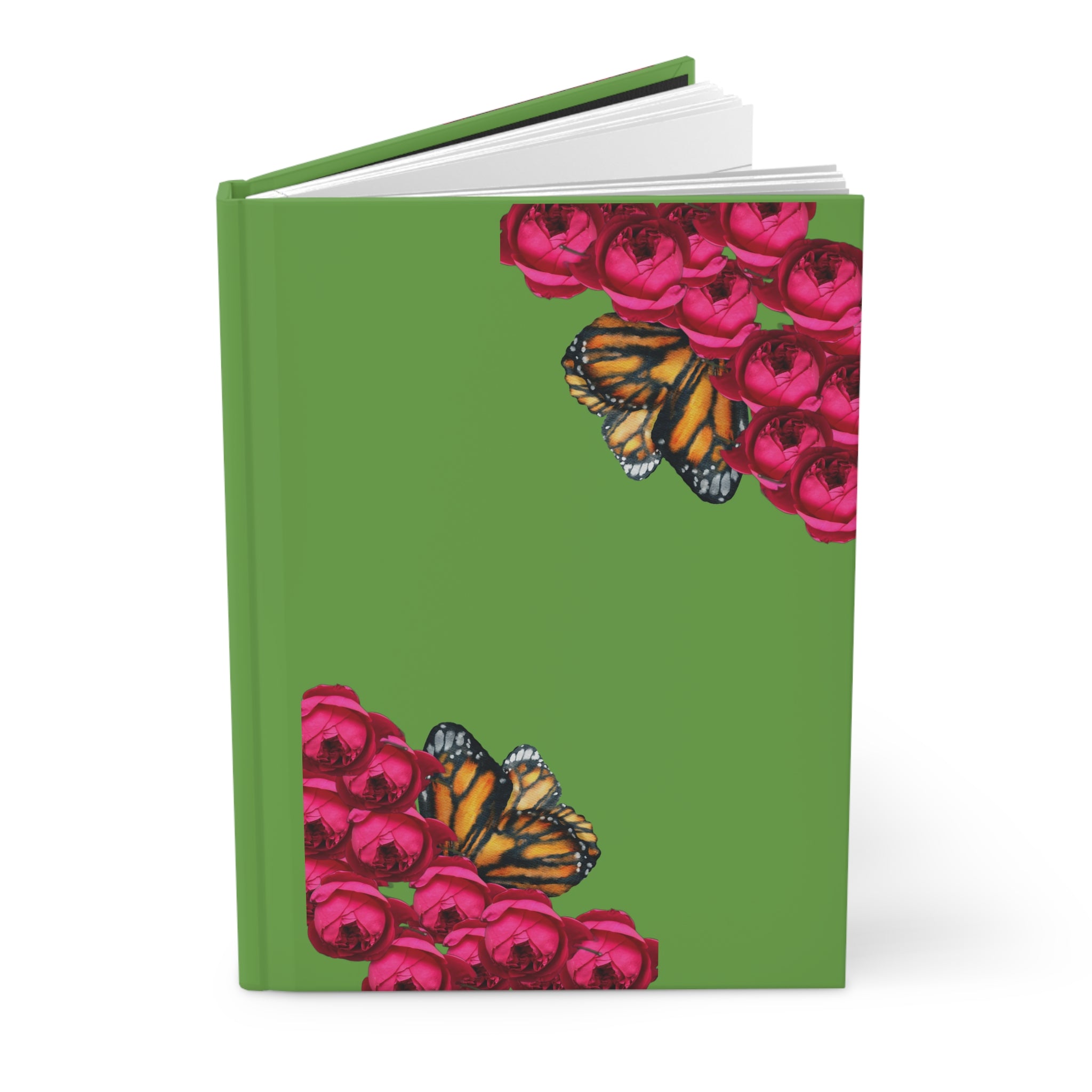 moontiq Green notebook journal with pink roses and orange butterflies 