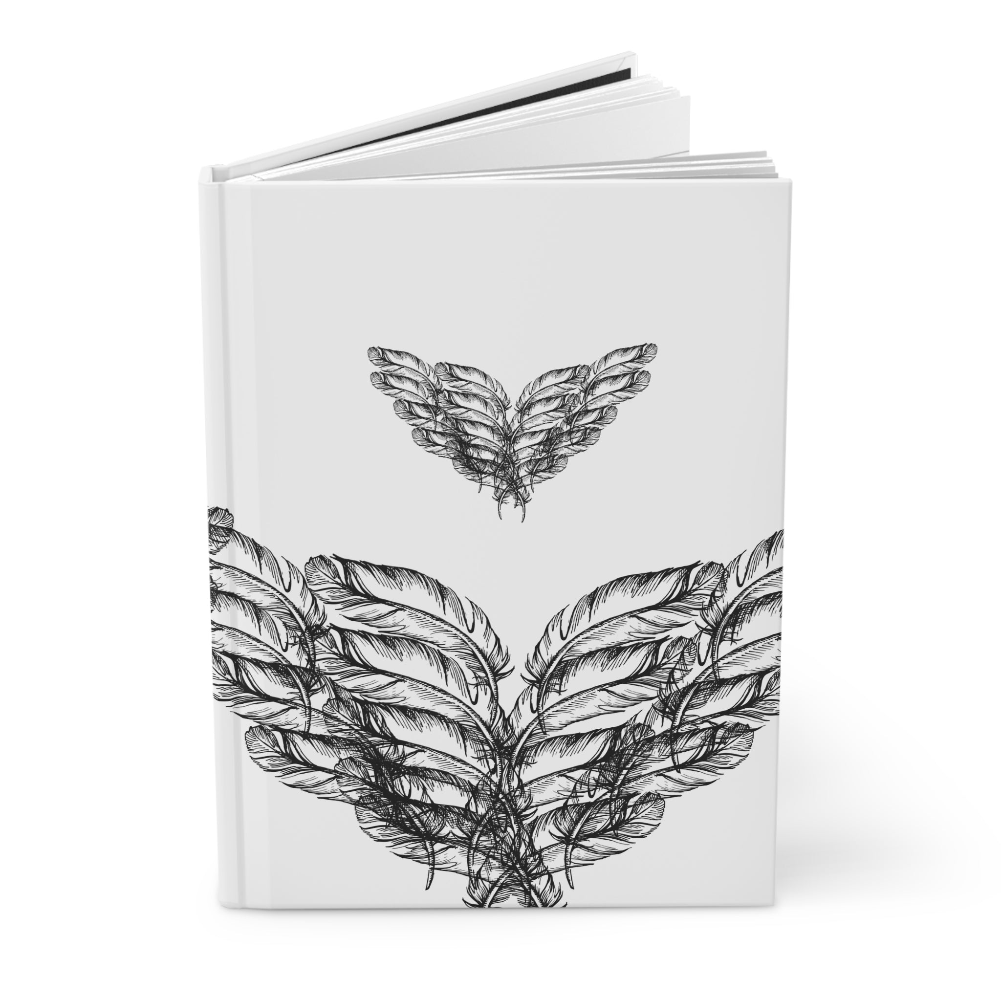 moontiq white hardcover notebook with a design with large and small wings, symbolising a mother watching her baby flying out of the nest for the first time as the notebook is for writing down the special milestones a child has achieved.