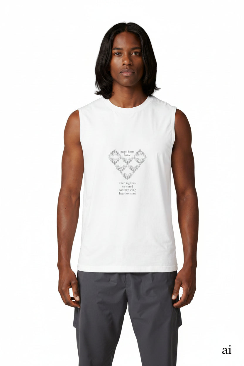 An ai image of a male model wearing a moontiq white sleeveless tank top with meaningful text and the moontiq 'angel heart' which is a heart made up of angel wings joined together in a geometric pattern against a white background 