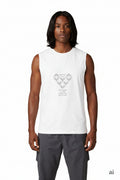 An ai image of a male model wearing a moontiq white sleeveless tank top with meaningful text and the moontiq 'angel heart' which is a heart made up of angel wings joined together in a geometric pattern against a white background 