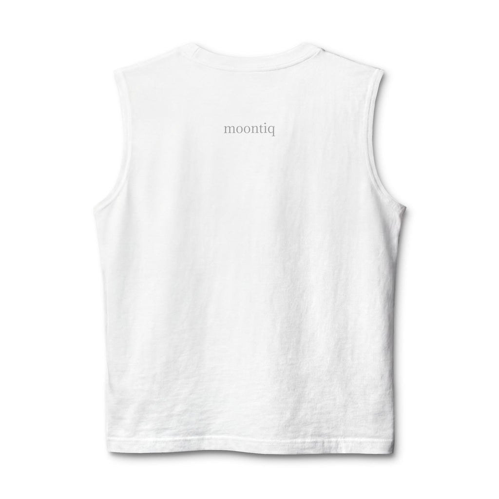 Back view of moontiq Unisex Muscle Tank 'Angel Heart' white sleeveless shirt on a white background with 'moontiq' branding.