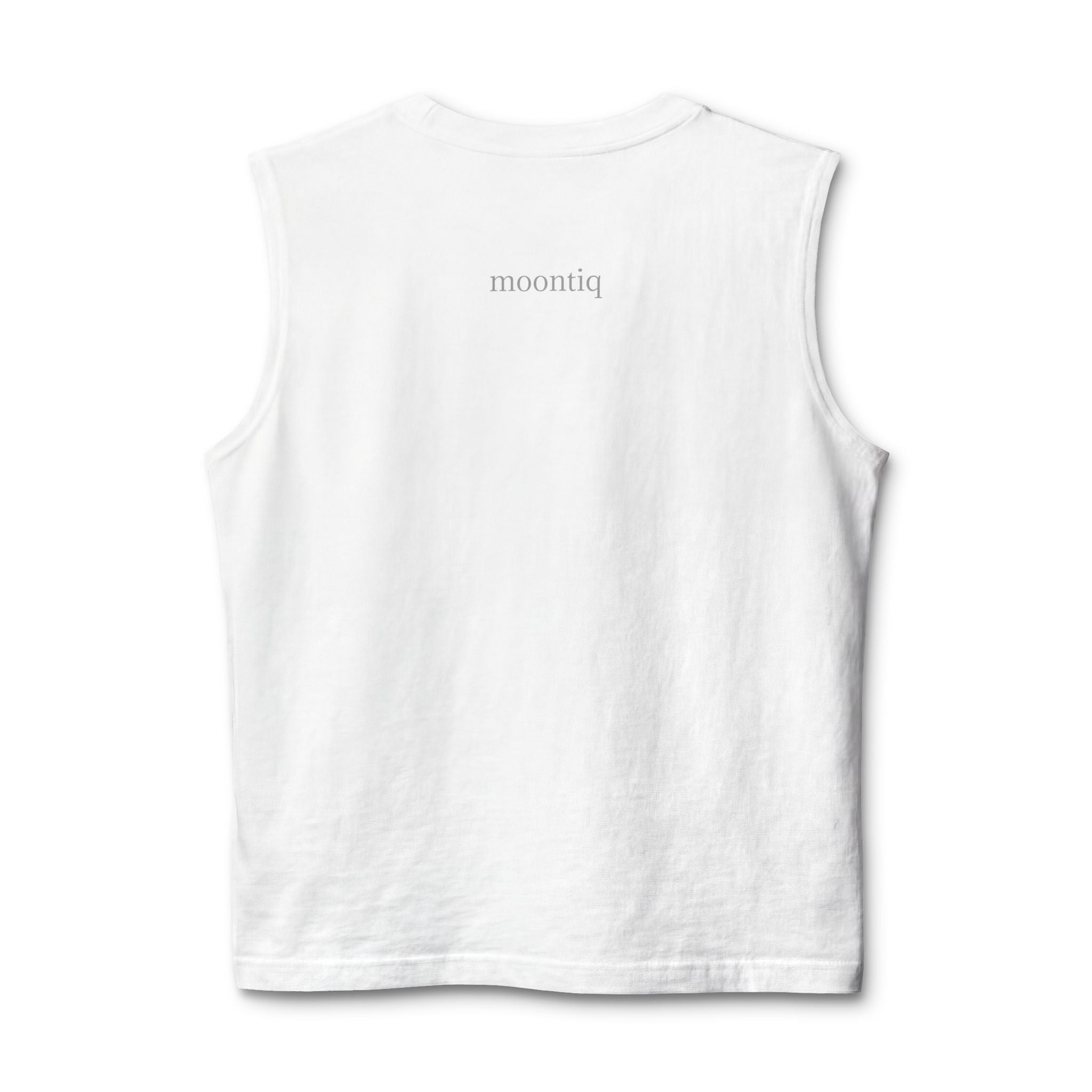 Back view of moontiq Unisex Muscle Tank 'Angel Heart' white sleeveless shirt on a white background with 'moontiq' branding.
