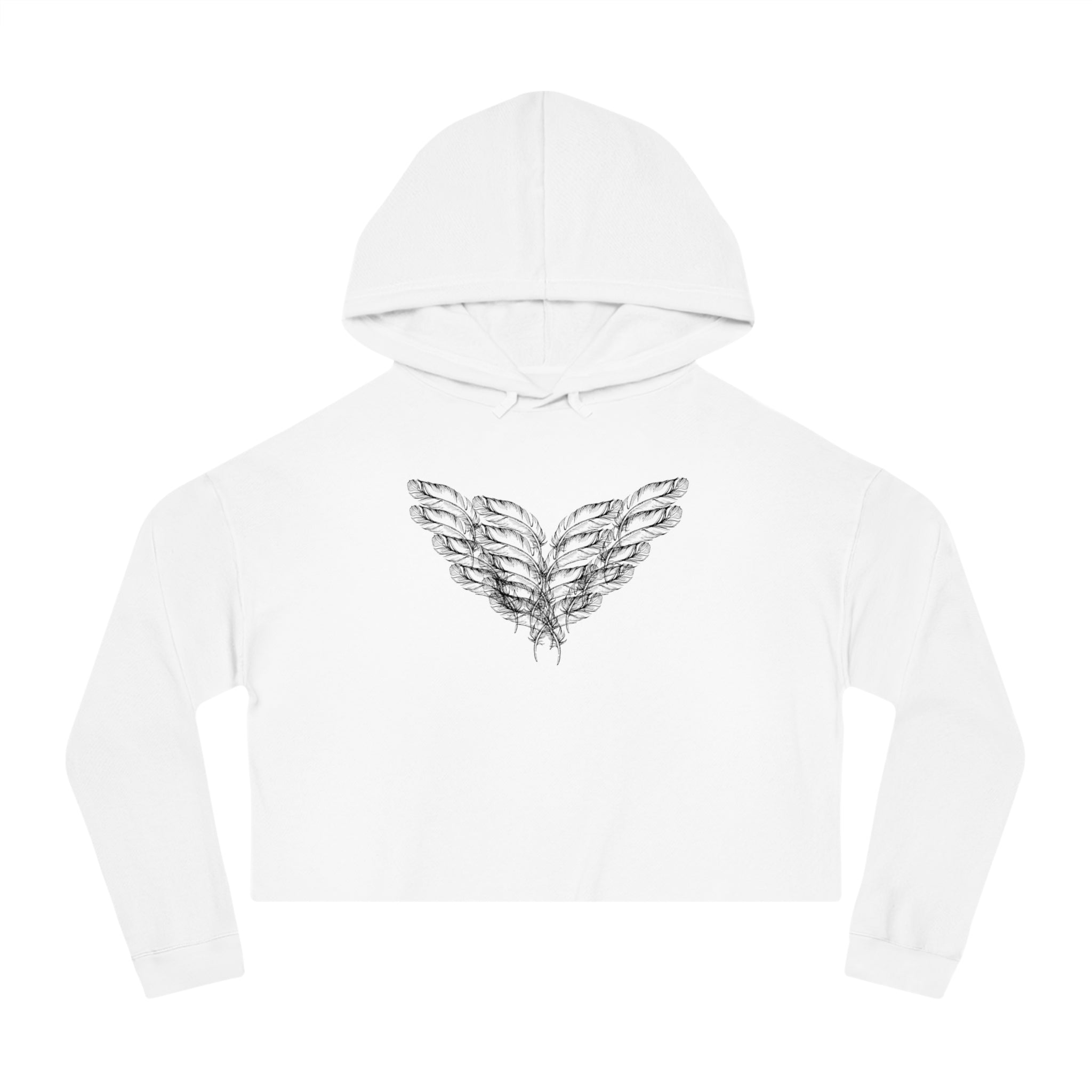 moontiq 'I Got Wings' White cropped hoodie with black angel wings on the front on a white background
