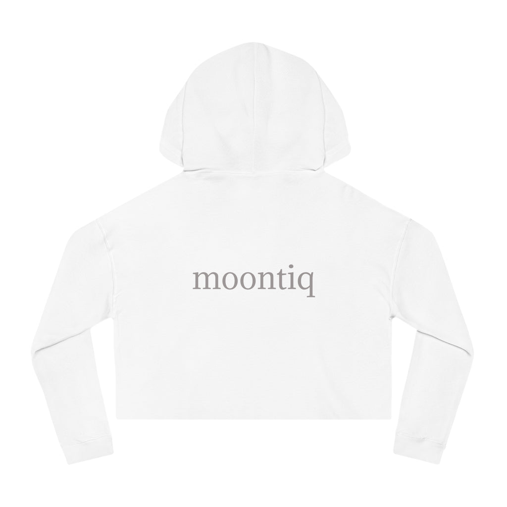 moontiq 'I Got Wings' White cropped hoodie with moontiq branding on the back on a white background
