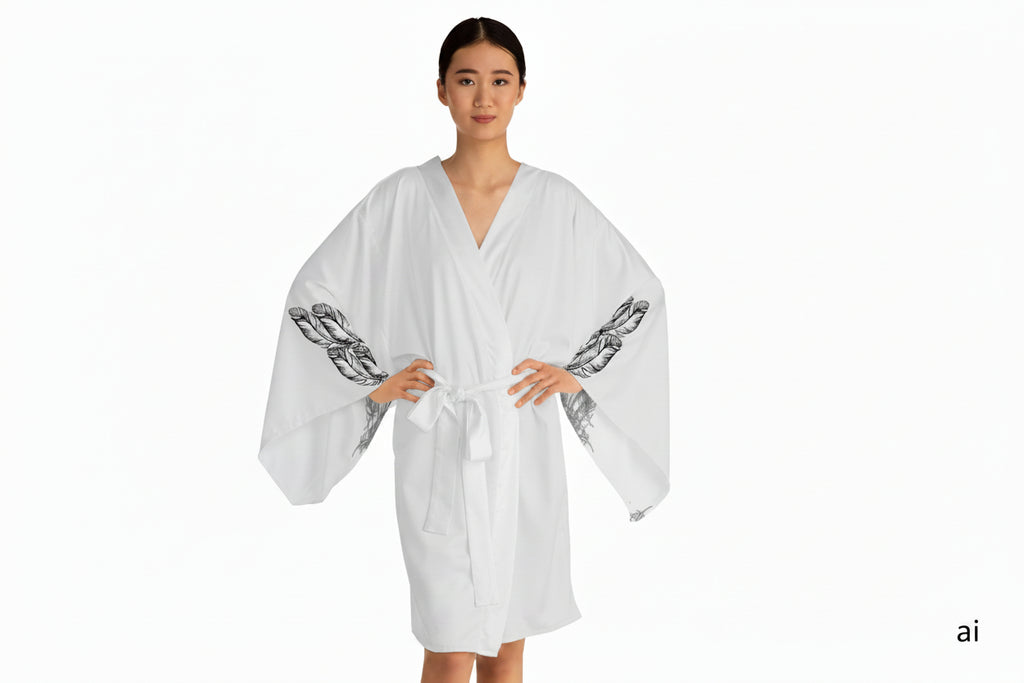 An AI Woman model wearing the moontiq white kimono robe 'I Got Wings' with feather designs on the flowing sleeves against a white background