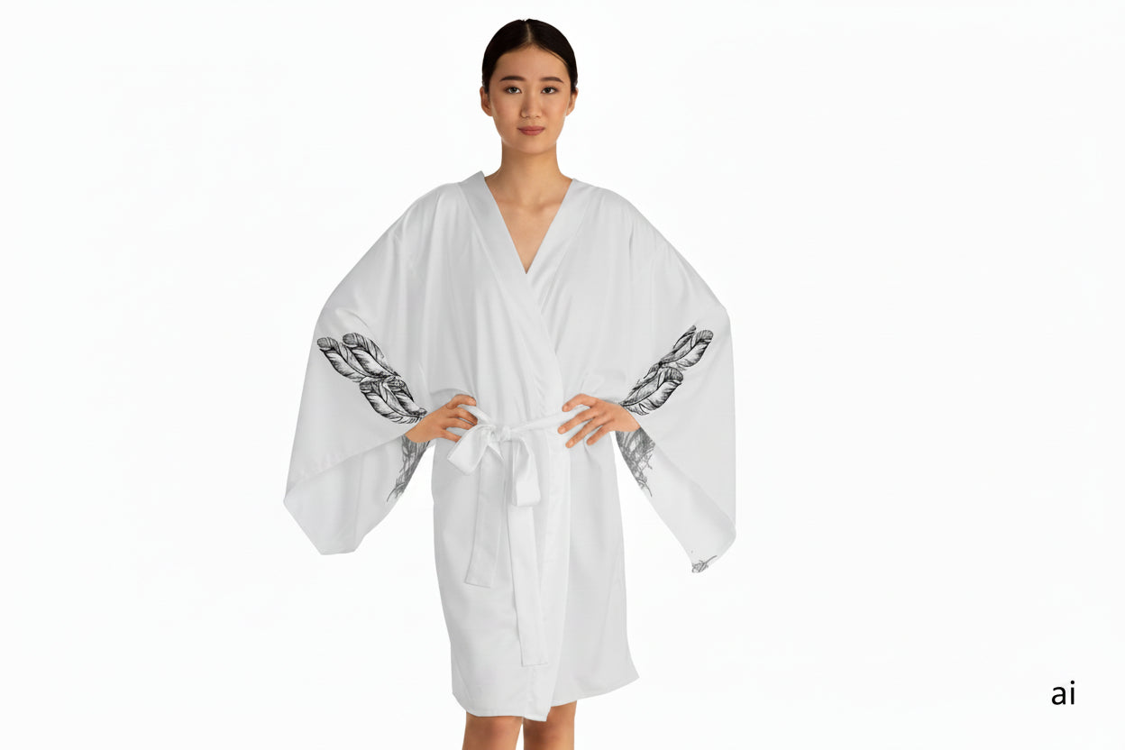 An AI Woman model wearing the moontiq white kimono robe 'I Got Wings' with feather designs on the flowing sleeves against a white background