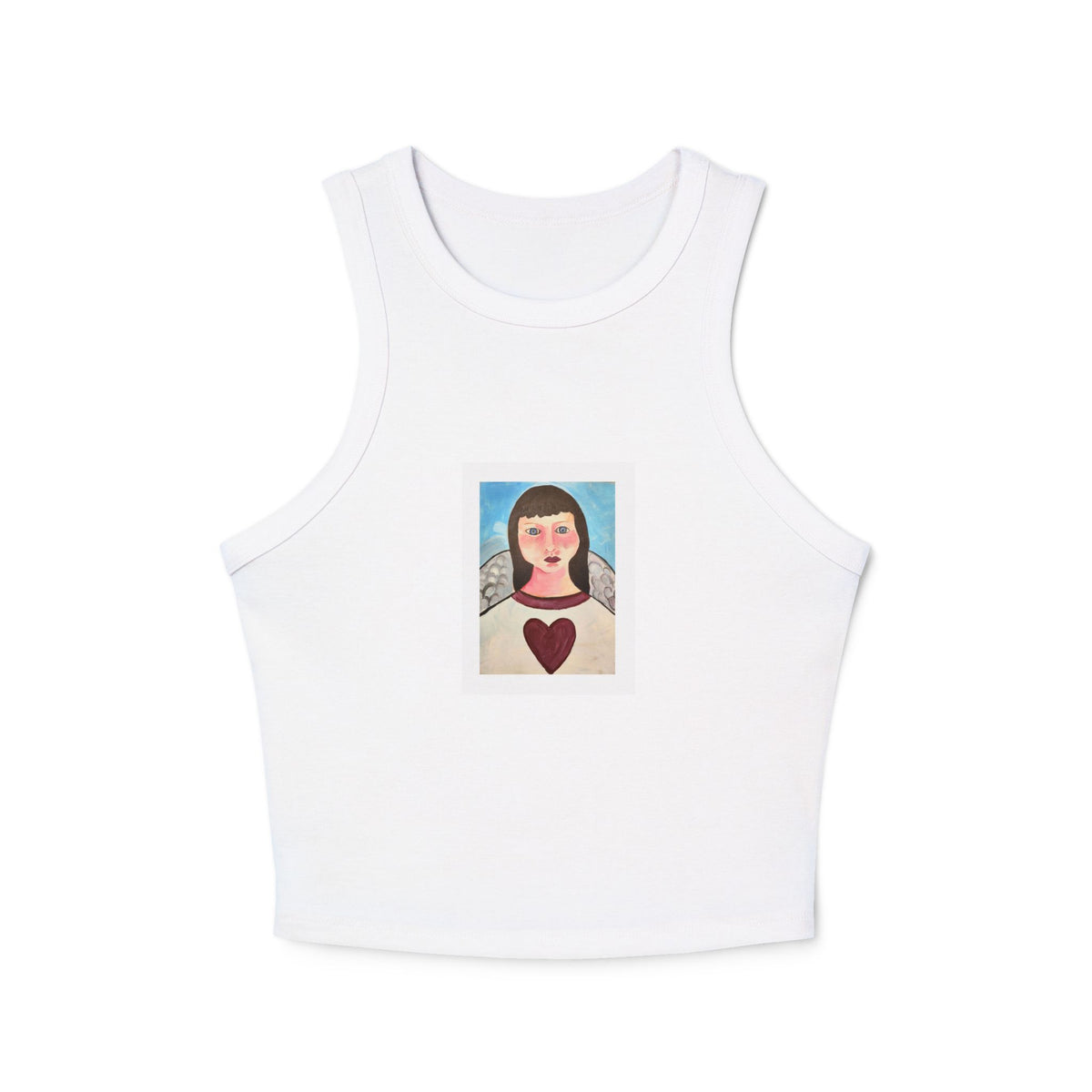 White tank top with a print of an angel painting on the chest. The angel has grey wings and a love heart on her chest. The tank top is displayed against a white background.