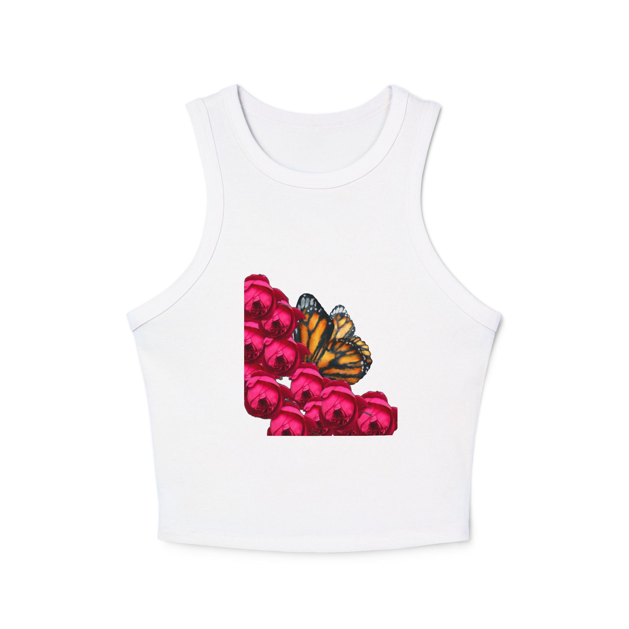moontiq White crop top with pink floral and butterfly design on a white background
