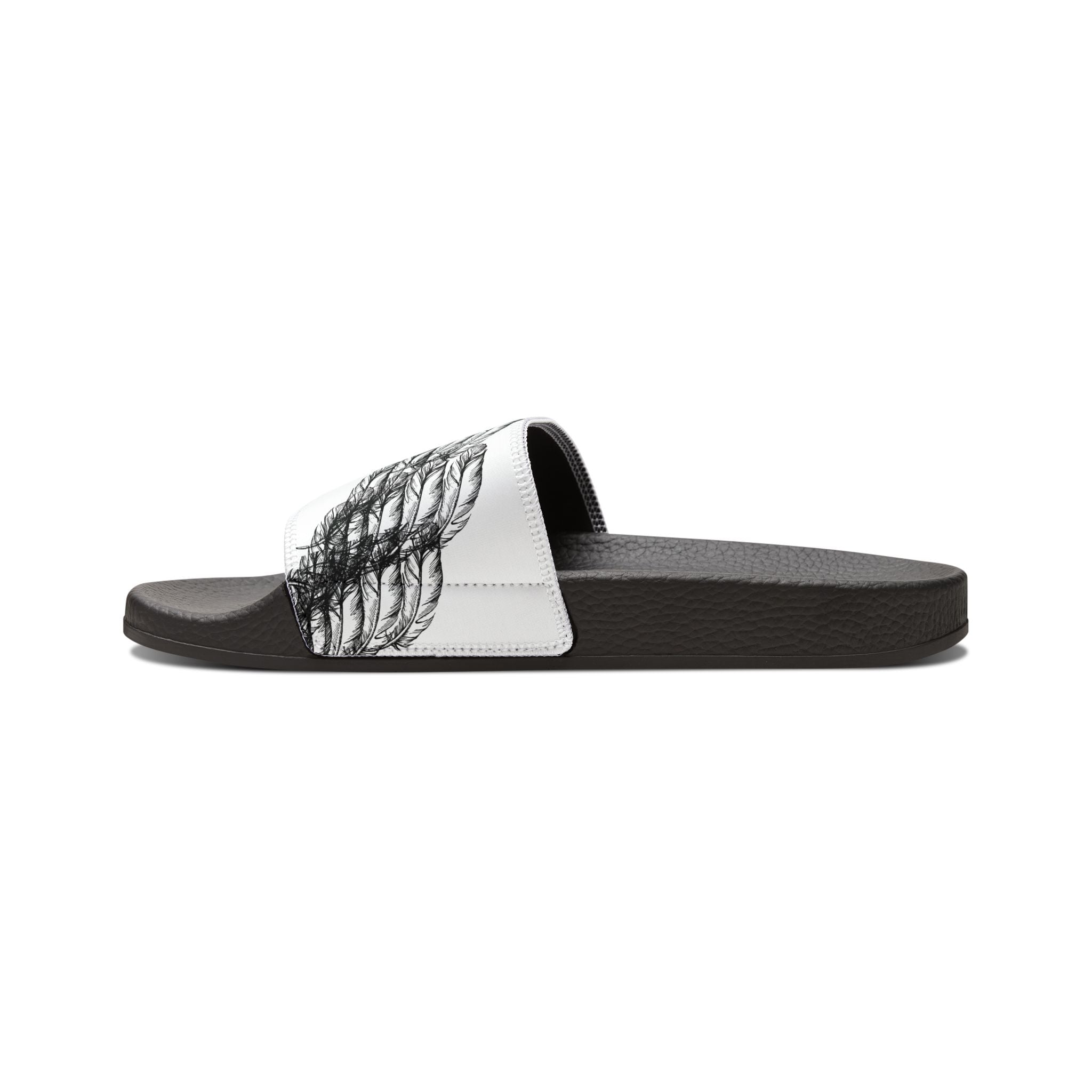 Side view of moontiq's Black and white women's summer slide sandals with the 'I got Wings' design on the strap, on a white background