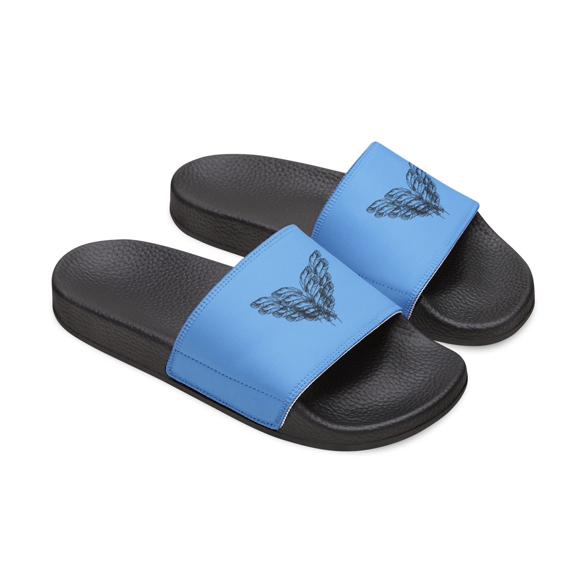 moontiq women's black comfortable slides with blue straps featuring black angel wings graphics against a white background