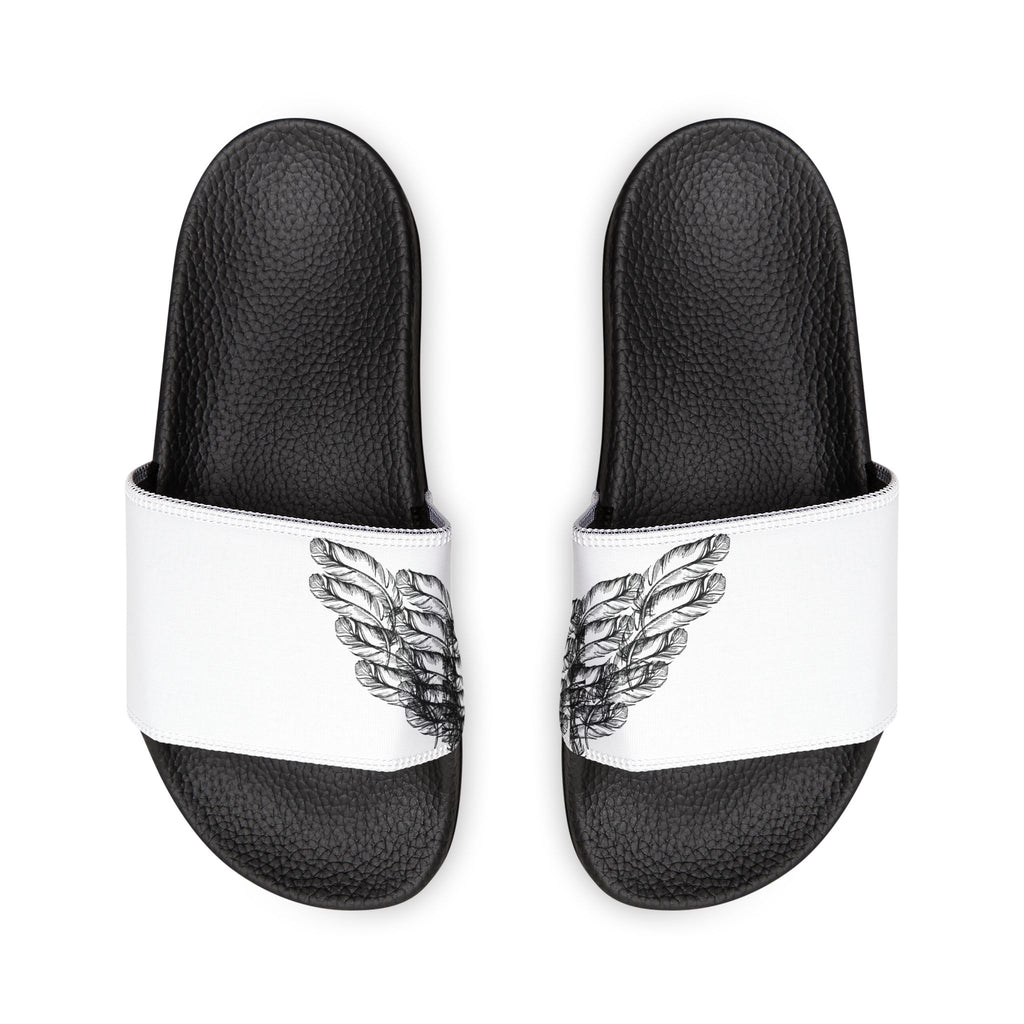 moontiq 'I Got Wings' women's comfortable slip on slide sandals with black soles and white straps featuring angel wing designs on a white background