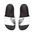 moontiq 'I Got Wings' women's comfortable slip on slide sandals with black soles and white straps featuring angel wing designs on a white background