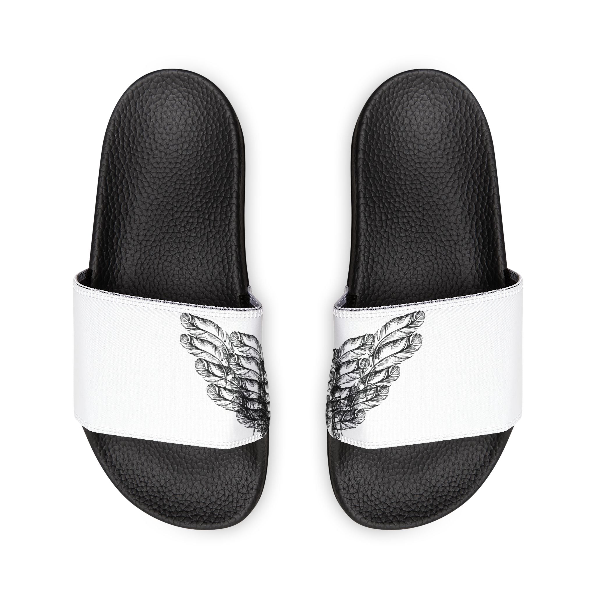moontiq 'I Got Wings' women's comfortable slip on slide sandals with black soles and white straps featuring angel wing designs on a white background