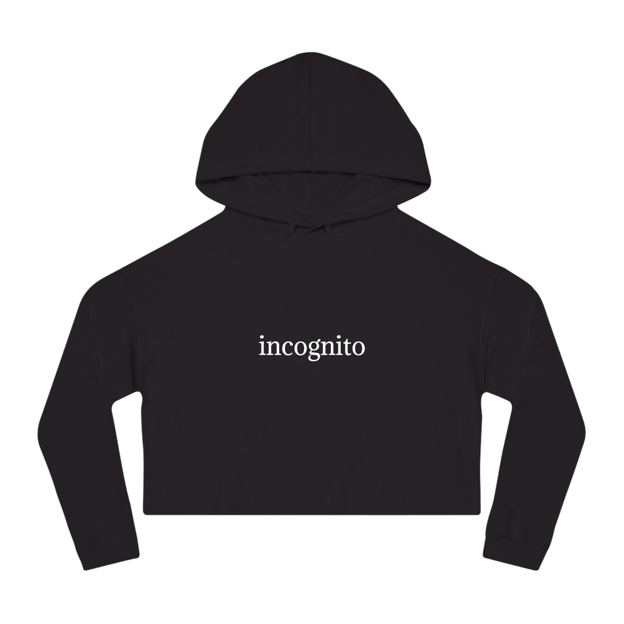 moontiq women's cute black cropped hoodie with 'incognito' text against a white background