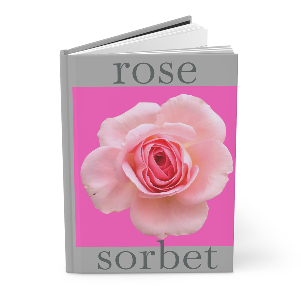 moontiq notebook 'Rose Sorbet' with a pink rose on a gray background