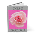 moontiq notebook 'Rose Sorbet' with a pink rose on a gray background