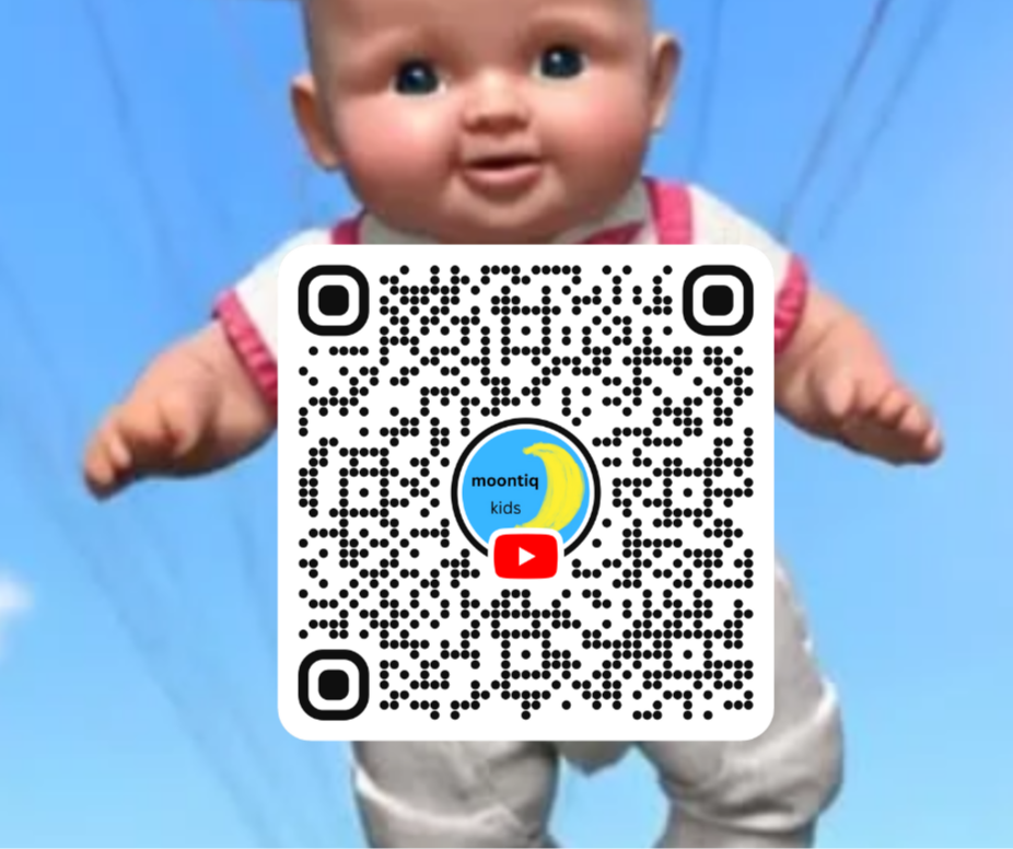 Baby wearing onesie with a QR code and Moontiq Kids logo on a blue background