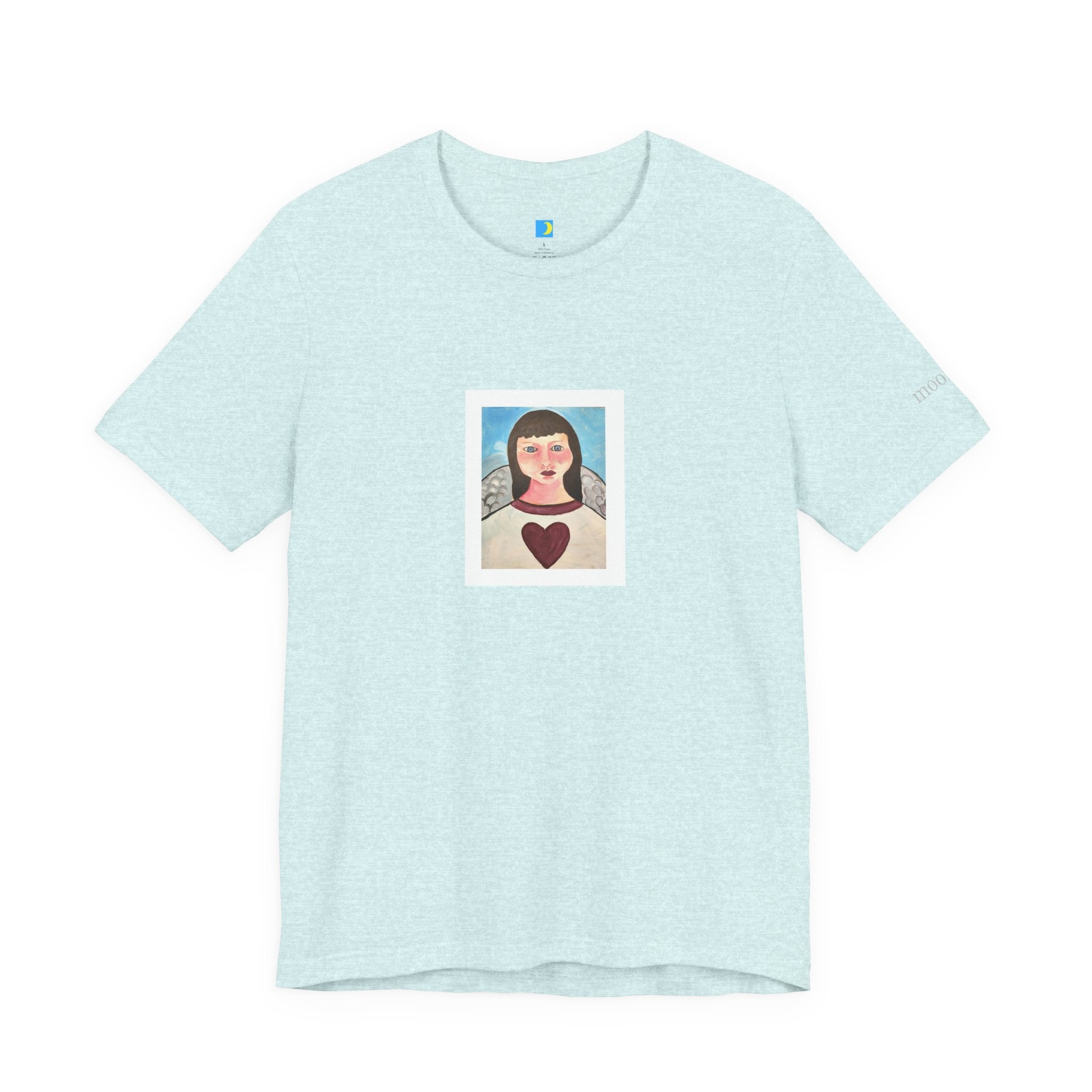 moontiq 'my angel' pastal aqua unisex cotton t-shirt with a moontiq hand painted angel with a heart on her chest against a white background.