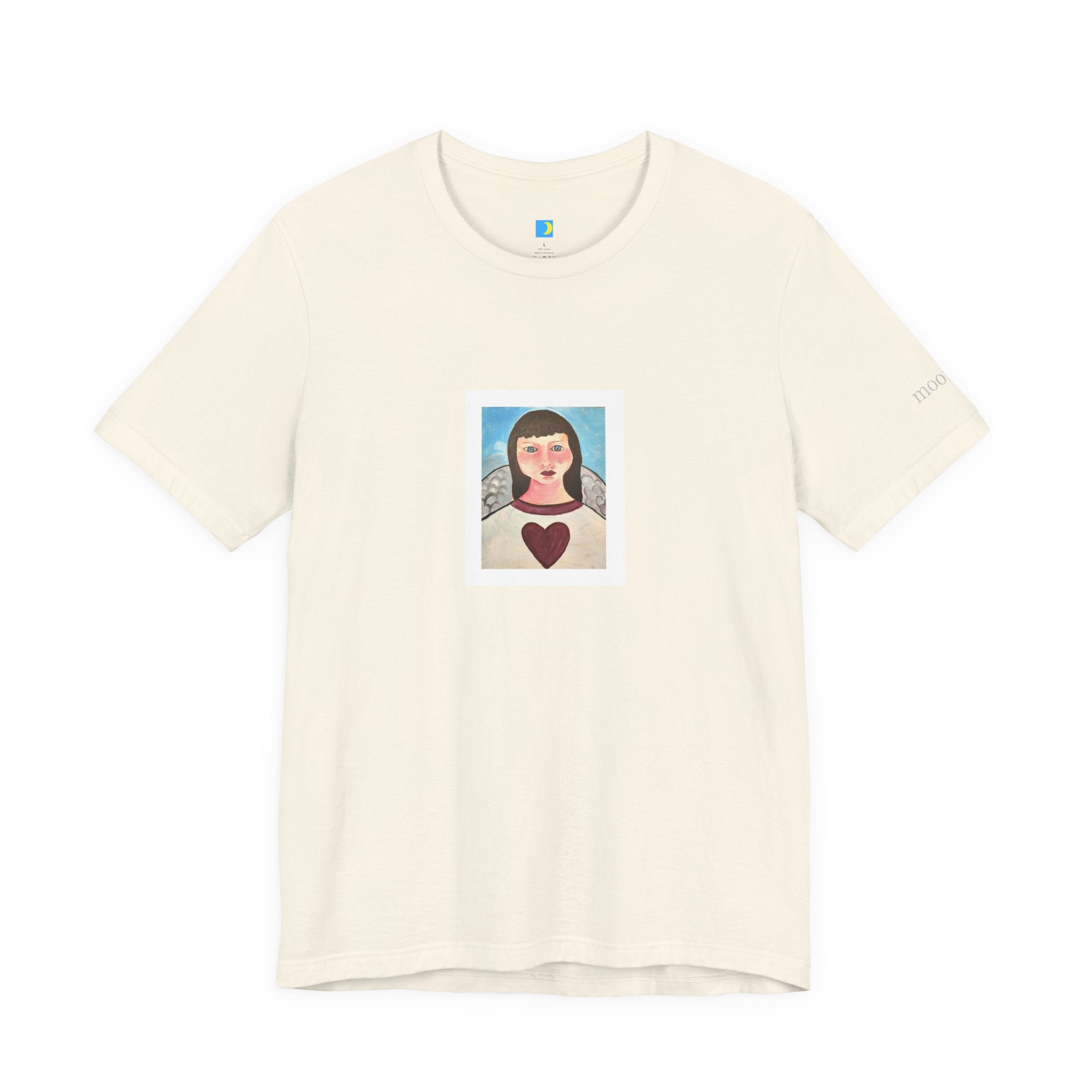 moontiq 'my angel' natural beige unisex cotton t-shirt with a moontiq hand painted angel with a heart on her chest against a white background.
