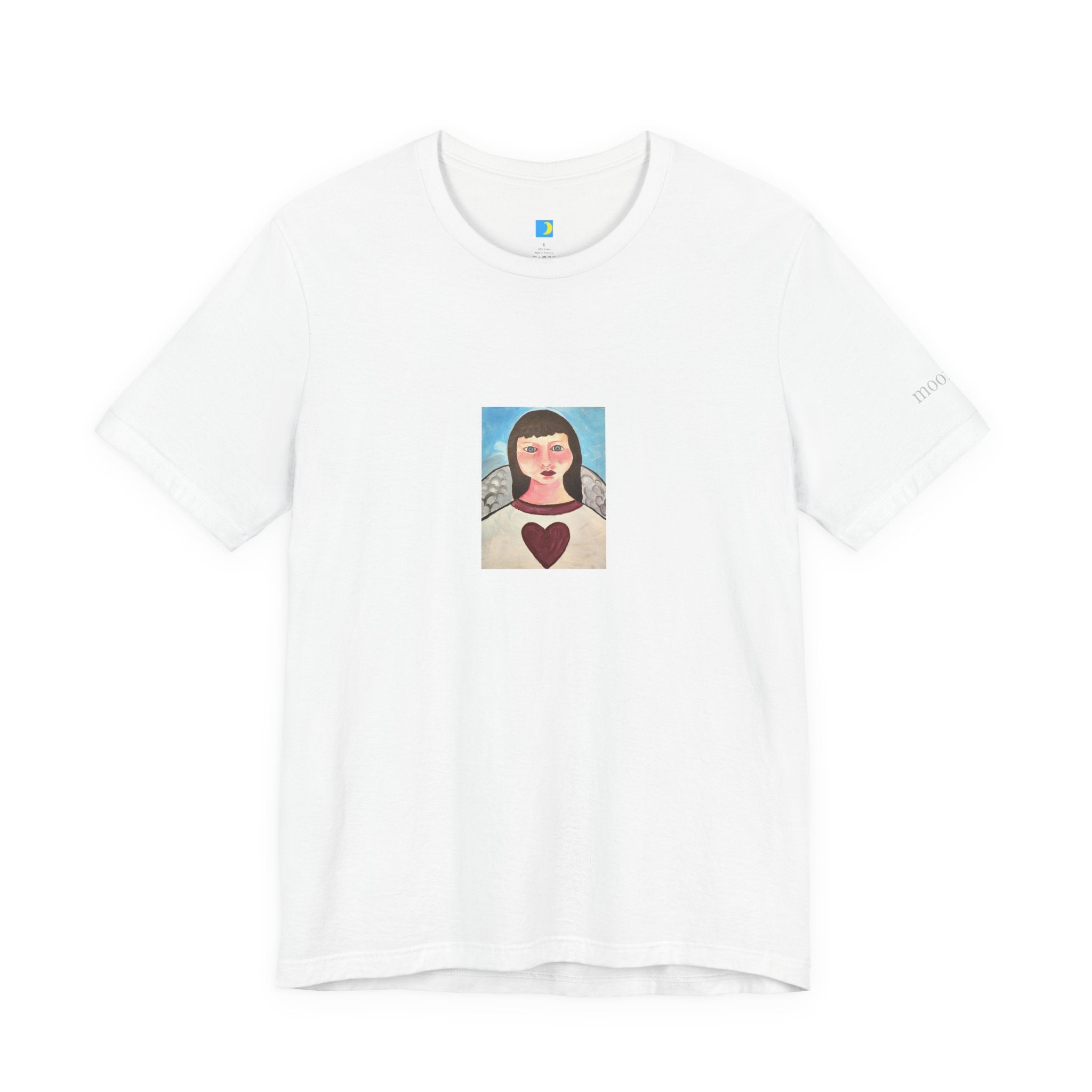 moontiq 'my angel' white unisex cotton t-shirt with a moontiq hand painted angel with a heart on her chest against a white background.
