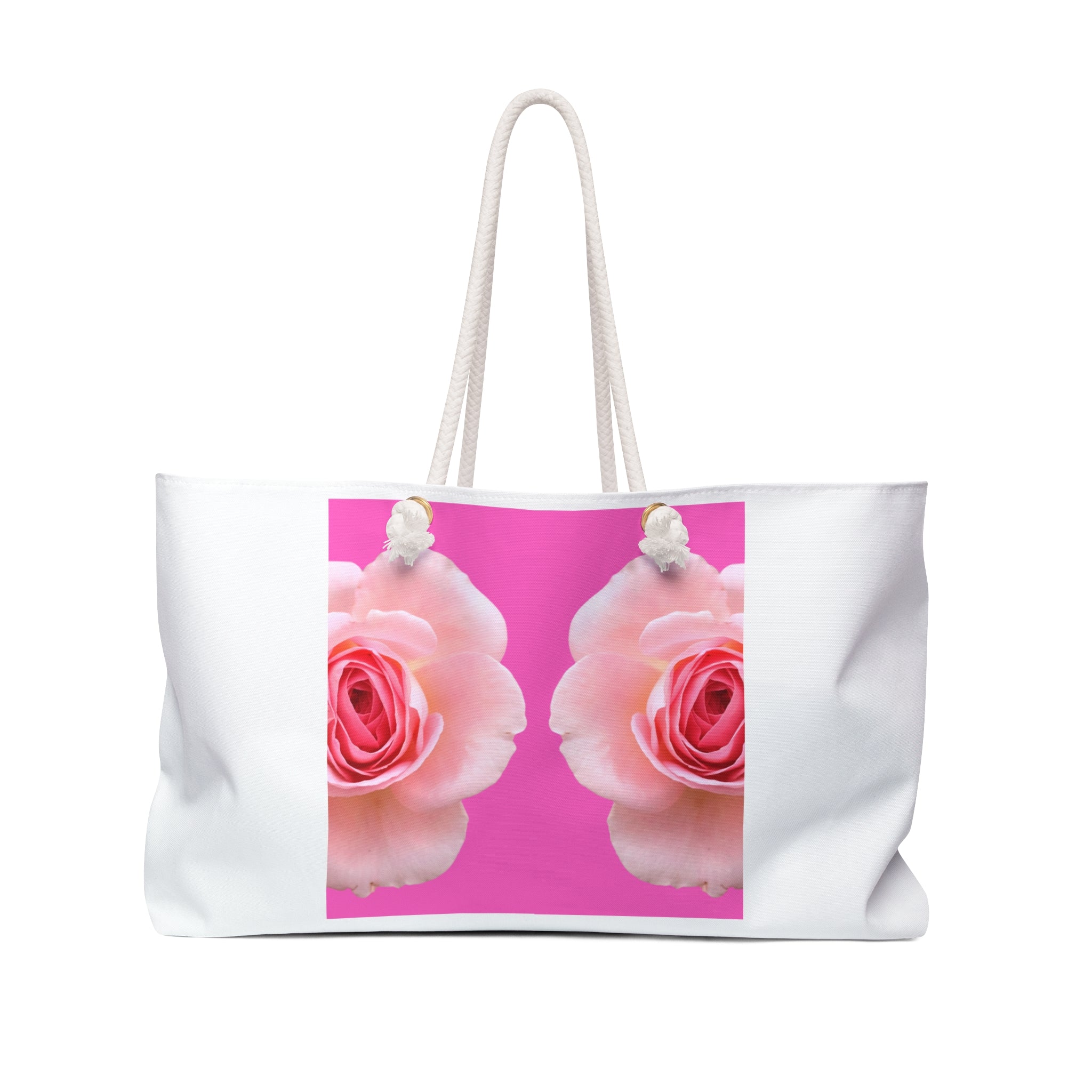 moontiq 'rose and sorbet' white tote bag with pink rose design and white rope handles against a white background