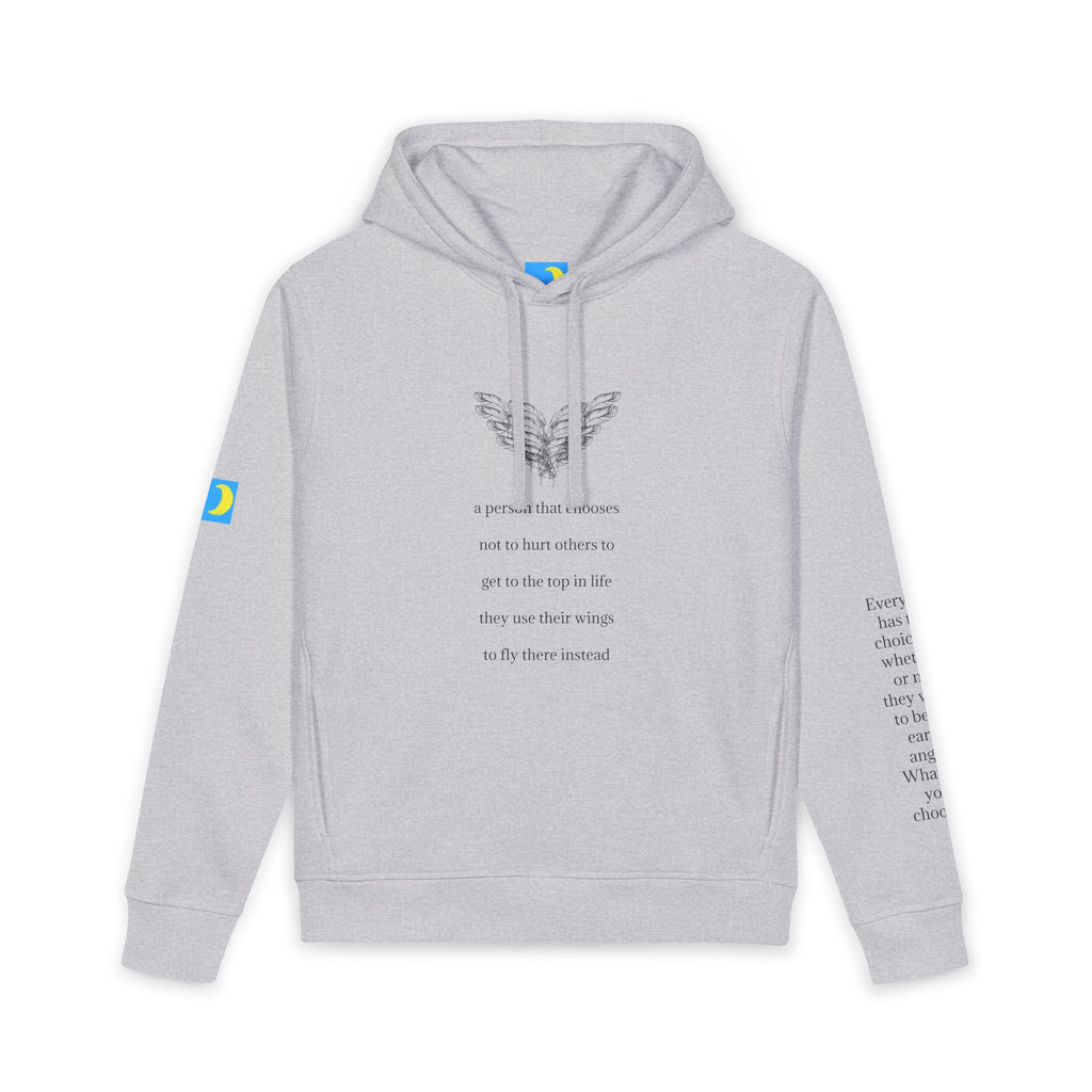 moontiq unisex organic gray hoodie with angel wing graphics on the chest and meaningful text on the front and the sleeves on a white background