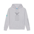 moontiq unisex organic gray hoodie with angel wing graphics on the chest and meaningful text on the front and the sleeves on a white background