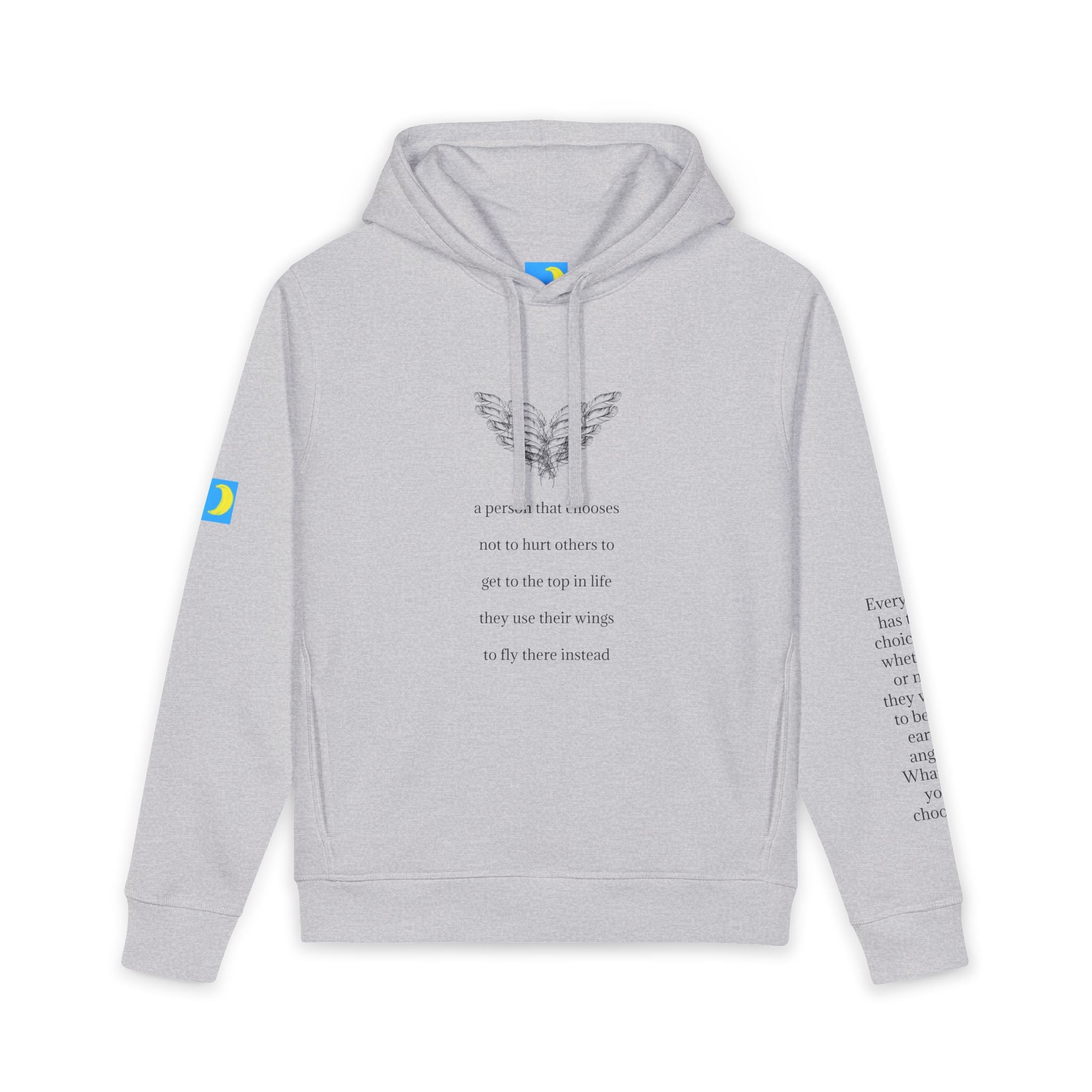 moontiq unisex organic gray hoodie with angel wing graphics on the chest and meaningful text on the front and the sleeves on a white background