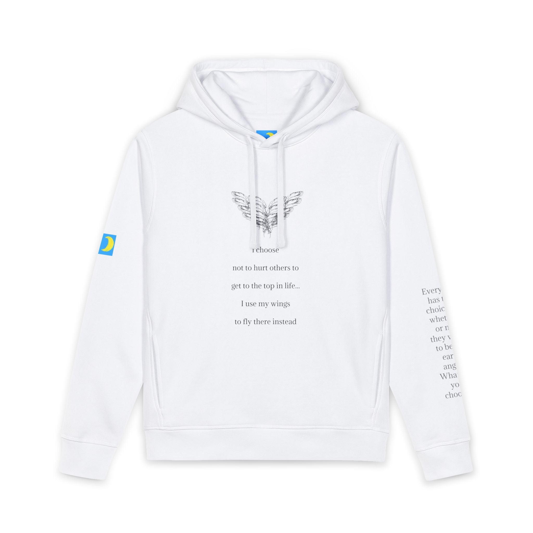 moontiq unisex organic white hoodie with angel wing graphics on the chest and meaningful text on the front and the sleeves on a white background