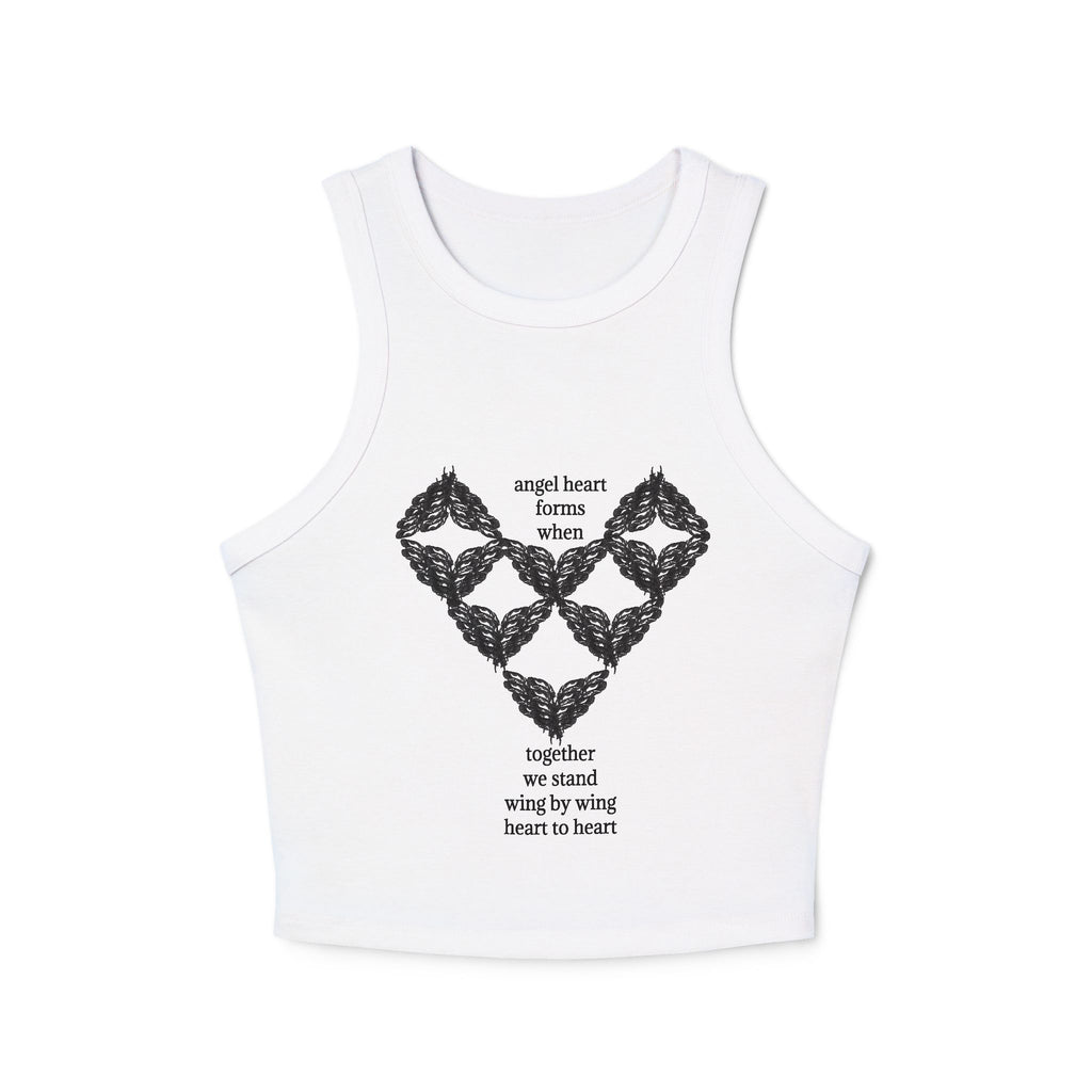moontiq white tank top 'angel heart' a design that has meaningful text and a heart formed by a geometric pattern of angel wings joined together against a white background