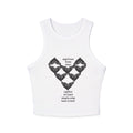 moontiq white tank top 'angel heart' a design that has meaningful text and a heart formed by a geometric pattern of angel wings joined together against a white background