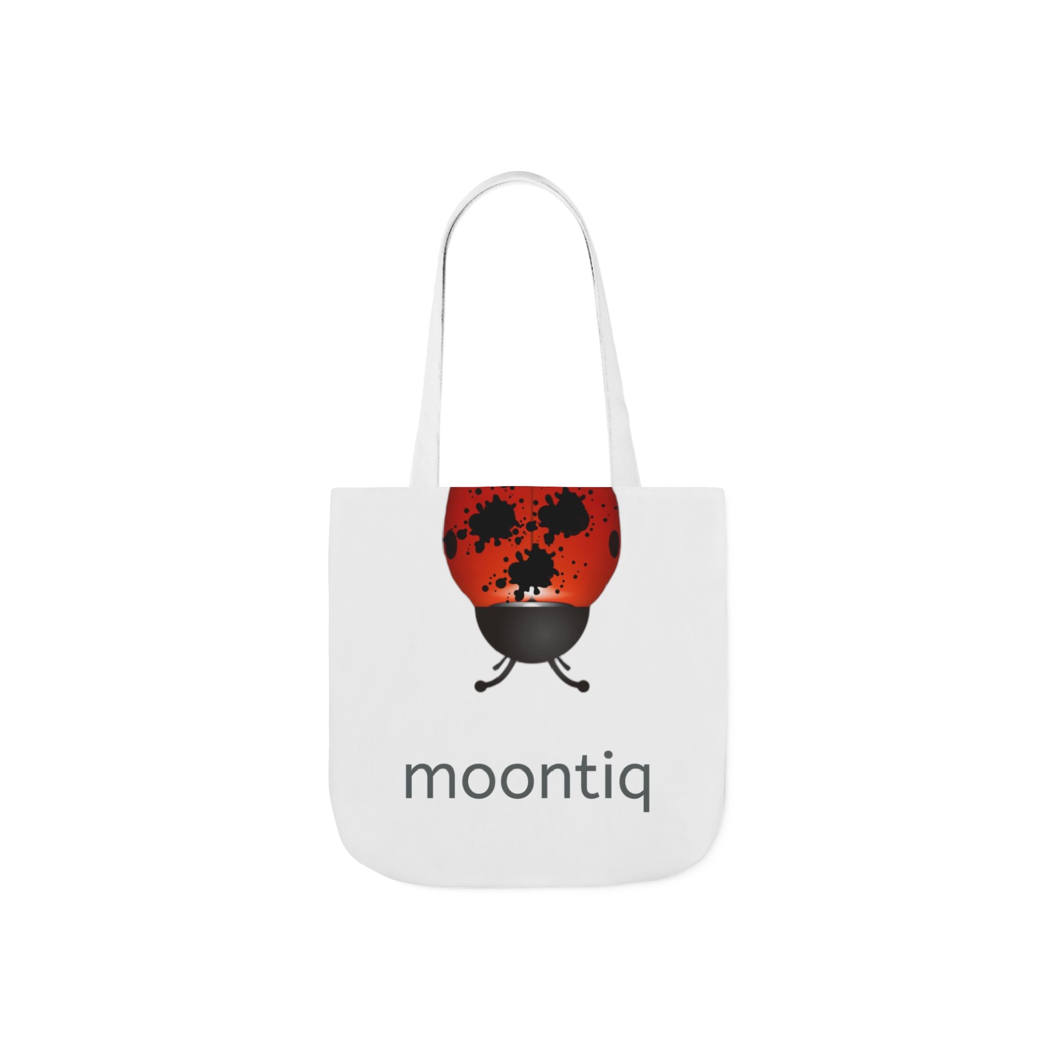 White tote bag with a red and black ladybug design and 'moontiq' branding on a white background