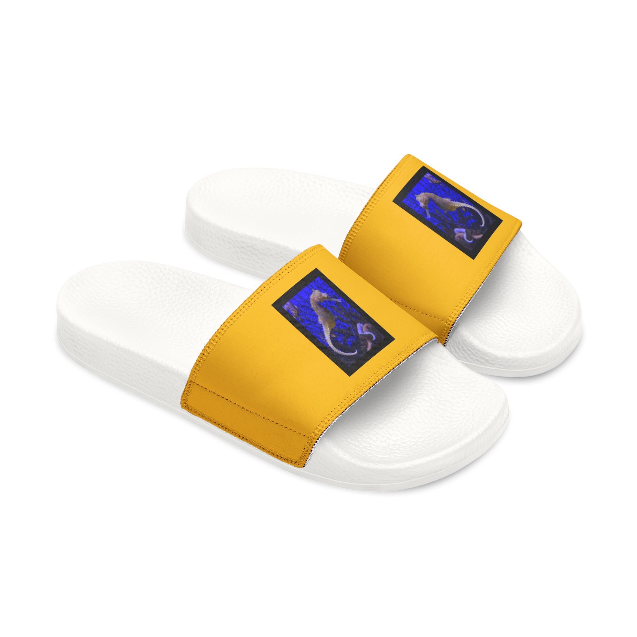 moontiq women's white slide sandals with yellow straps featuring an underwater seahorse on a white background